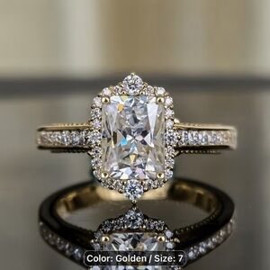 Private Label Gold Halo Cushion-Cut Ring with Pavé Crystals & Moissanite Size 7